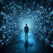 © EeLco - futuristic network of Digital and business transformation connected by squares to a human shown from tunnel view with front-lighting