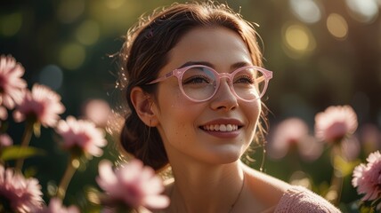 A serene woman with round glasses, bathed in warm sunlight, pink flowers and petals swirling around her, 4K clarity highlighting her peaceful smile 