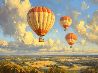 Hot air balloons rising into the sky filled with cumulus clouds, with a scenic landscape spread out below, Cumulus Scenic Air, Aerial adventure