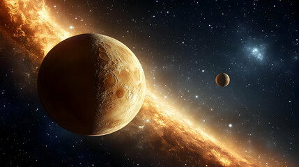 a large, brown planet with craters on its surface, situated against a backdrop of a glowing nebula.