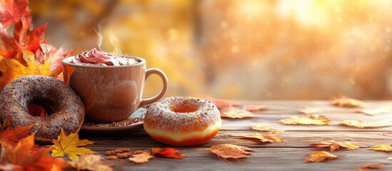 Poster - Autumn arrangement a cup of cocoa accompanied by donuts and autumn leaves. with copy space image. Place for adding text or design