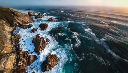 Wall Mural - dramatic overhead shot of rugged coastline with rocks and crashing waves nature background