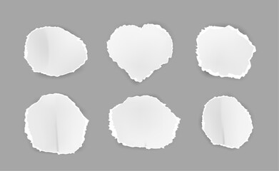 Fototapete - Ripped white paper sheets, isolated set of torn blank pages with uneven texture edges. Vector damaged letter, document mockup, newspaper cutout. Shape of heart and circles. Vintage fragments
