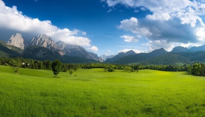 Wall Mural - green field with mountains under a blue sky surrounded by lush grass trees and scattered clouds