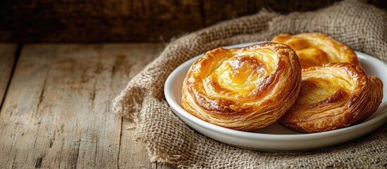 Fototapete - Pineapple danish pastry on a white dish set against a brown sack background. with copy space image. Place for adding text or design