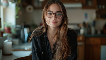 Canvas Print - A woman with long hair and glasses is smiling at the camera