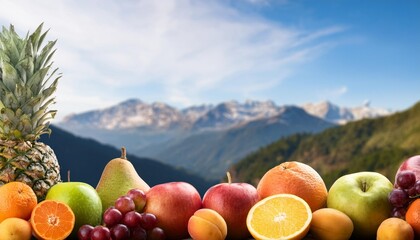 Wall Mural - panoramic fresh fruit assortment with mountain landscape