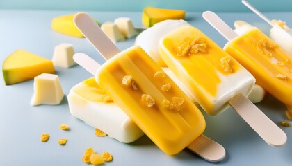 Wall Mural - bright and summery mango yoghurt and honey cheesecake popsicles delightful stock photo