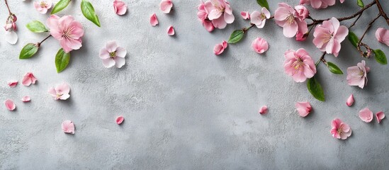 Wall Mural - Spring background Blooming flowers on a concrete surface Top view Copy space