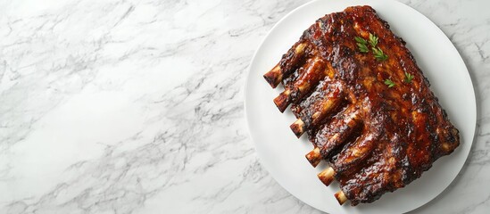 Aufkleber - Cooked marinated pork BBQ ribs on a white ceramic cutting board with a white and grey background Copyspace room for text