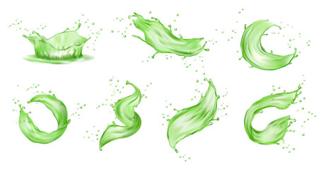 Green splashes of juice realistic juicy splatter spiral waves. Kiwi or apple fruit berries splashing juice or jam, isolated icons. Splash juice realistic juicy, smoothie swirls. Splatter spiral waves