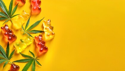 yellow orange gummy bears scattered with cannabis leaves on yellow background bright colorful mix of cbd thc candies green hemp leaves cannabis edibles sweets theme