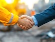 © Tanakorn - Close-up of a Firm Handshake Between a Construction Worker and a Businessman, Demonstrating Trust and Partnership, in Front of a Construction Site.