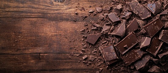 Leinwandbilder - Chopped dark chocolate and chocolate shavings on a wooden table. with copy space image. Place for adding text or design