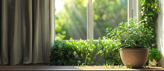 Aufkleber - A pot of mint is located under the window where aromatic herbs are thriving The home wall features plant decorations There is a vertical garden by the window overlooking the backyard