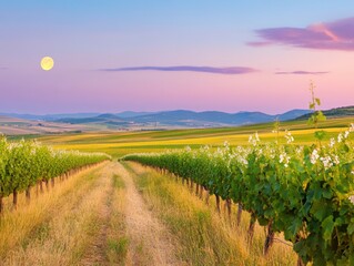 Moonlit vineyard path under a colorful sky during twilight in a serene countryside setting