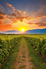 Wall Mural - Breathtaking sunset over lush vineyards with mountains in the distance during golden hour