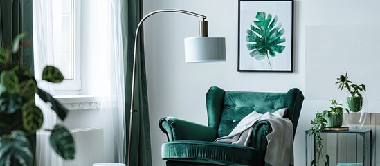 White home interior featuring a green armchair table lamp and leaf posters. with copy space image. Place for adding text or design