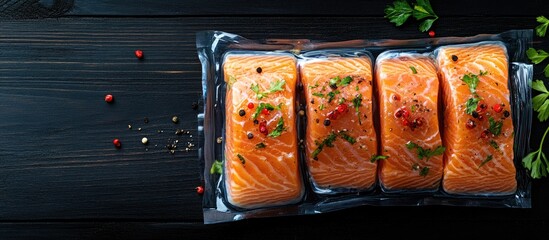 Fototapete - Salmon fillets in a vacuum blister pack arrangement garnished with herbs on a black wooden table background top view flat lay with copyspace for text