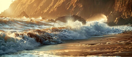 Aufkleber - Landscape of turbulent sea waves crashing against cliffs and sandy shore in the glow of the evening sun. with copy space image. Place for adding text or design