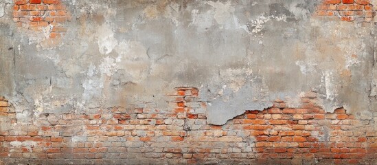 Poster - Empty Old Brick Wall Texture Distressed Painted Wall Surface Wide Grungy Brick Wall Grunge Red Stone Wall Background Shabby Building Facade with Cracked Plaster Abstract Web Banner Copy Space