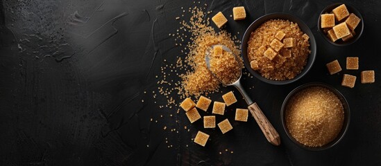 Leinwandbilder - Brown and white sugar in bowls with a scoop and spoon Cane refined granulated cubes and candy Top view on a black background with copy space