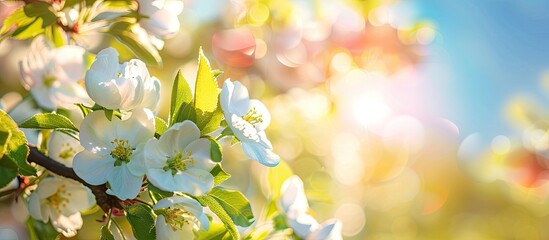 Poster - Branches of a blooming apple tree against a blue sky. with copy space image. Place for adding text or design