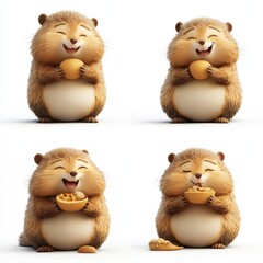 A cute animated animal happily enjoying food in various poses.