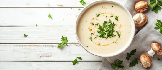 Leinwandbilder - Tasty mushroom cream soup with parsley on a white wooden table seen from above Copyspace available