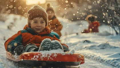 Wall Mural - Two children are sledding down a snowy hill, both wearing red jackets