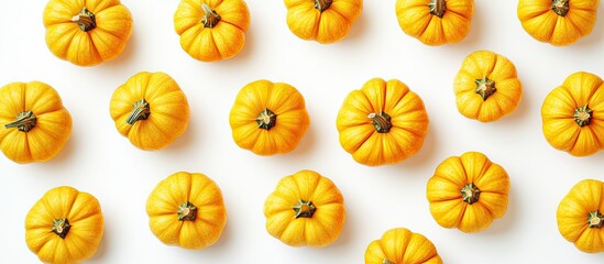 Fototapete - Creative arrangement of small yellow pumpkins Flat lay Food concept Vegetables isolated against a white background Abstract vegetable background. with copy space image