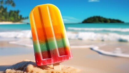 Wall Mural - a colorful popsicle with a vibrant tropical design melting on a hot summer day with a beach backdrop