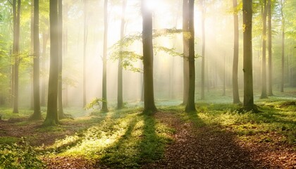 Wall Mural - panorama of bright natural beech forest with sunbeams through morning fog