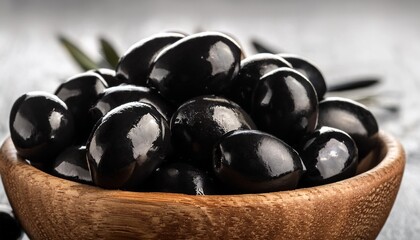 Wall Mural - many fresh and ripe black olives in wooden bowl healthy food panorama banner generative ai