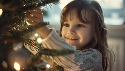 Wall Mural - A young girl is standing under a Christmas tree and reaching for a pinecone