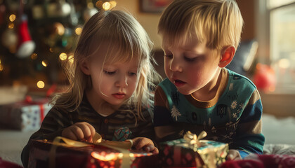 Poster - A young boy is laying on the floor in front of a Christmas tree