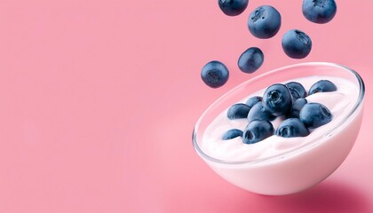 Wall Mural - blueberries falling into bowl of yogurt isolated on pink background