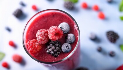 Wall Mural - smothie with red berries raspberry strawberry blueberry blackberry in a glass frozen red fruits healthy breakfast