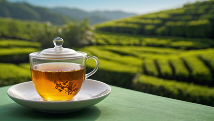 Hot green tea with mint, on wooden table.