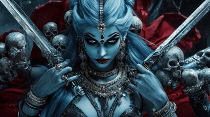 Wall Mural - blue-skinned six-armed Goddess Kali