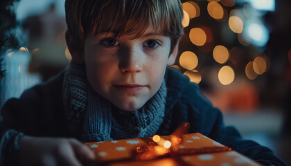 Poster - A boy is holding a box with a red ribbon on it