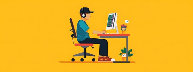 A young male programmer is sitting at his desk. He has headphones on, and the computer screen shows code