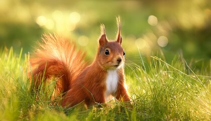 Wall Mural - red squirrel sits in the grass