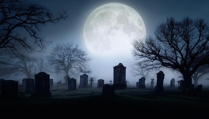 Sticker - a dark foggy halloween night scene with an eerie full moon casting shadows over a desolate graveyard where tombstones and twisted trees stand ominously