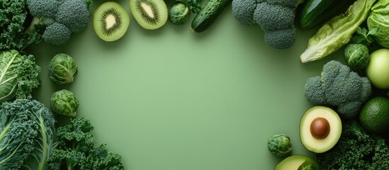 Aufkleber - Creative food layout featuring green fruits and vegetables on a green background flat lay avocado kale broccoli Brussels sprouts kiwi peppers apple and cabbage top view with room for text