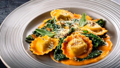 Wall Mural - delightful roasted pumpkin parmesan ravioli with cavolo nero and sage cream sauce stock photo