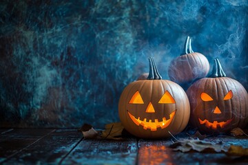 Wall Mural - Three carved pumpkins with glowing faces creating an eerie and festive Halloween atmosphere in a misty setting.