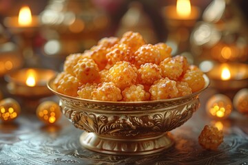 A bowl of sweet laddu, also known as sweets or traditional Indian confectionery made from flour and g embracing the golden hues of Diwali