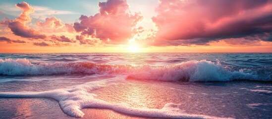 Poster - Baltic Sea beneath vibrant pink and golden sunset clouds A perspective from the sandy beach Waves and water splashes Stunning seascape Perfect summer scene Meteorology ecology environmental protectio