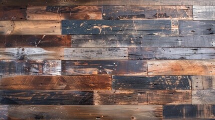 Sticker - Flat lay of a reclaimed wood surface with mixed tones and textures, ideal for a unique background